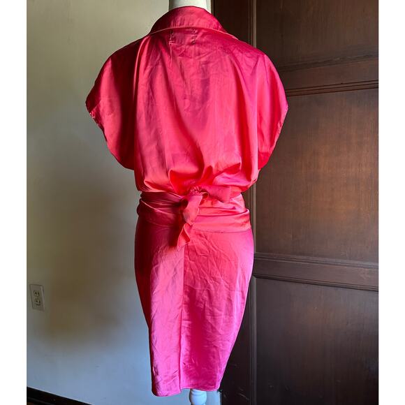 DO + BE | Pink Satin Tie Waist Short Sleeve Shirt Party Dress Draped Mini Medium - Picture 7 of 8